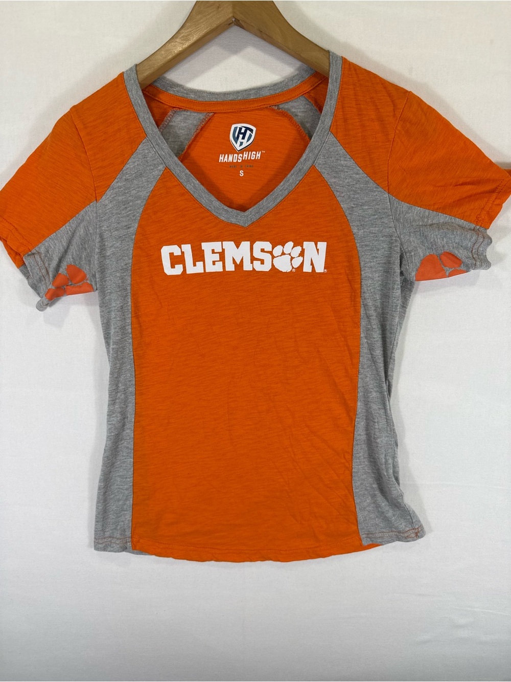 Hand High Clemson V-Neck Short Sleeve Tee in Orange and Gray